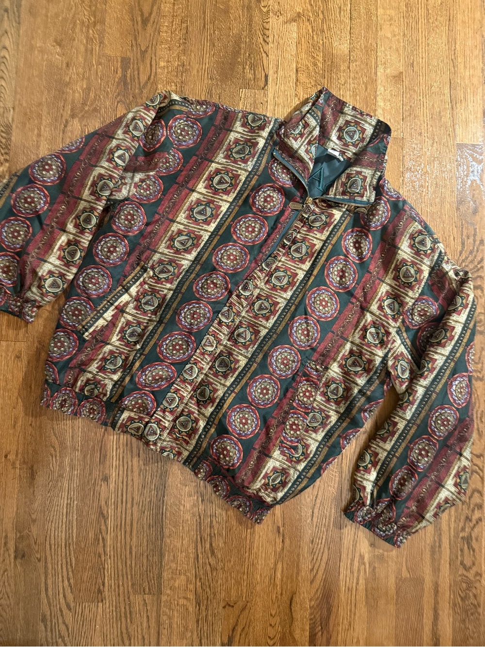 Vintage 90’s Women's Patterned Bomber Jacket in Burgundy and Olive
